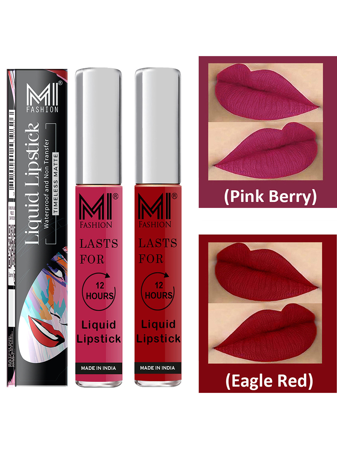 MI FASHION Set of 2 Smudge Free Matte Finish Moisturizing Liquid Lipstick - Pink & Red