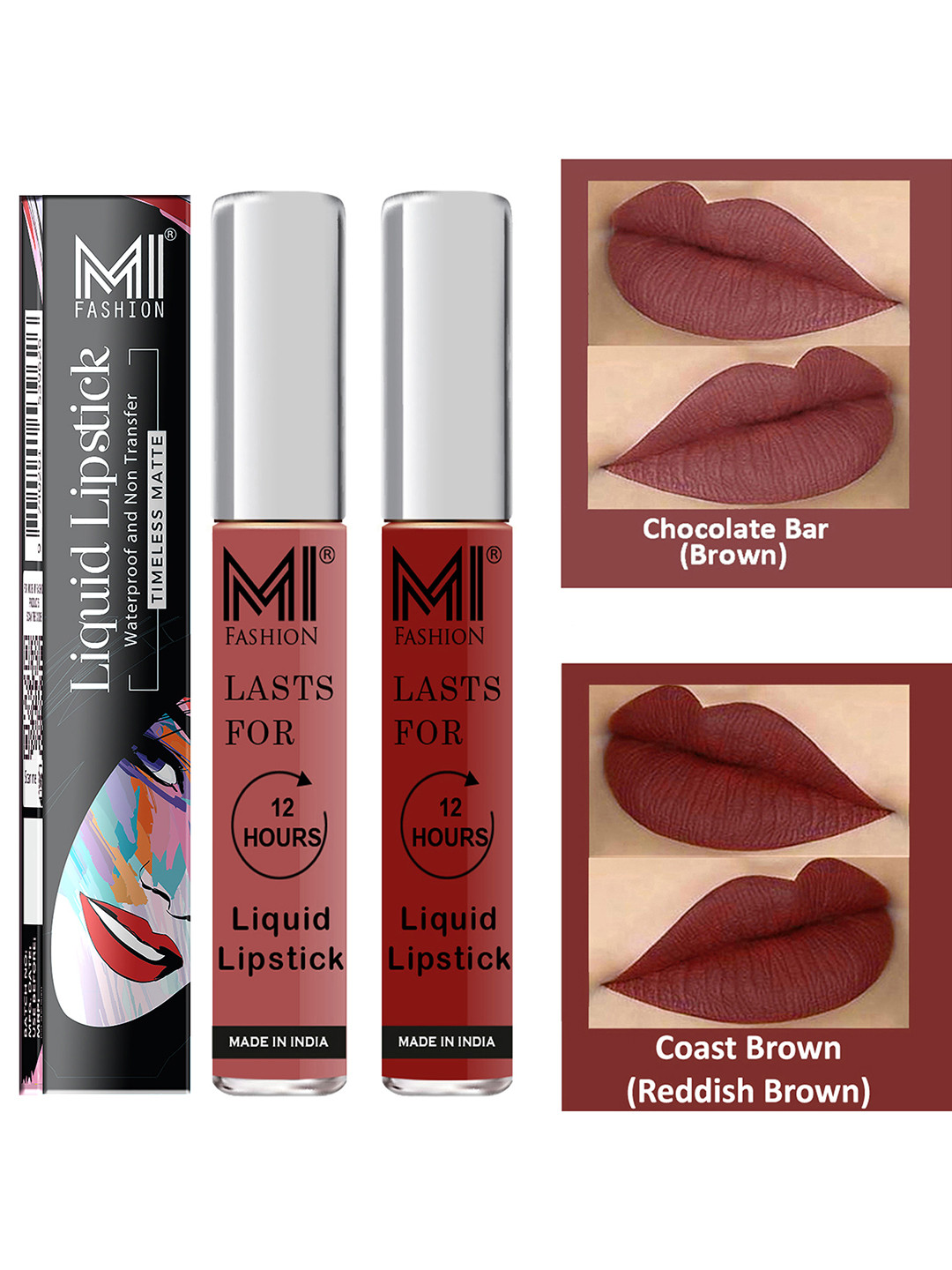 MI FASHION Set of 2 Smudge Free Matte Finish Moisturizing Liquid Lipsticks - Brown