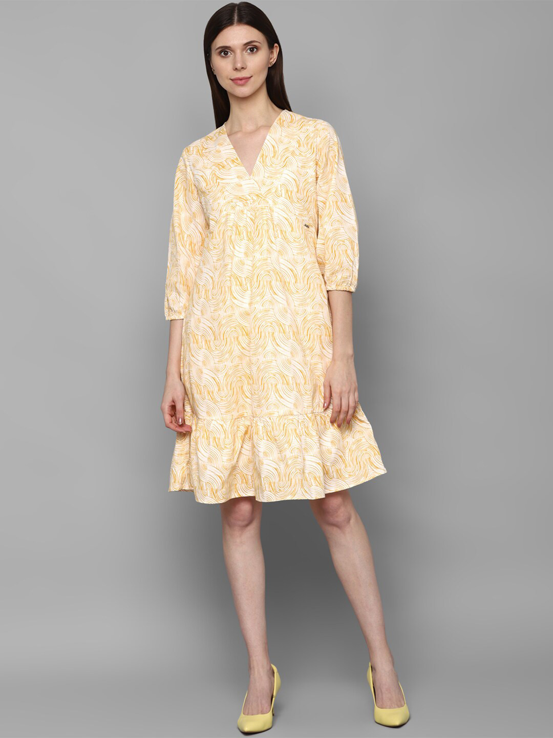 Allen Solly Woman Orange Puffed Sleeves V Neck Above Knee Printed Dress