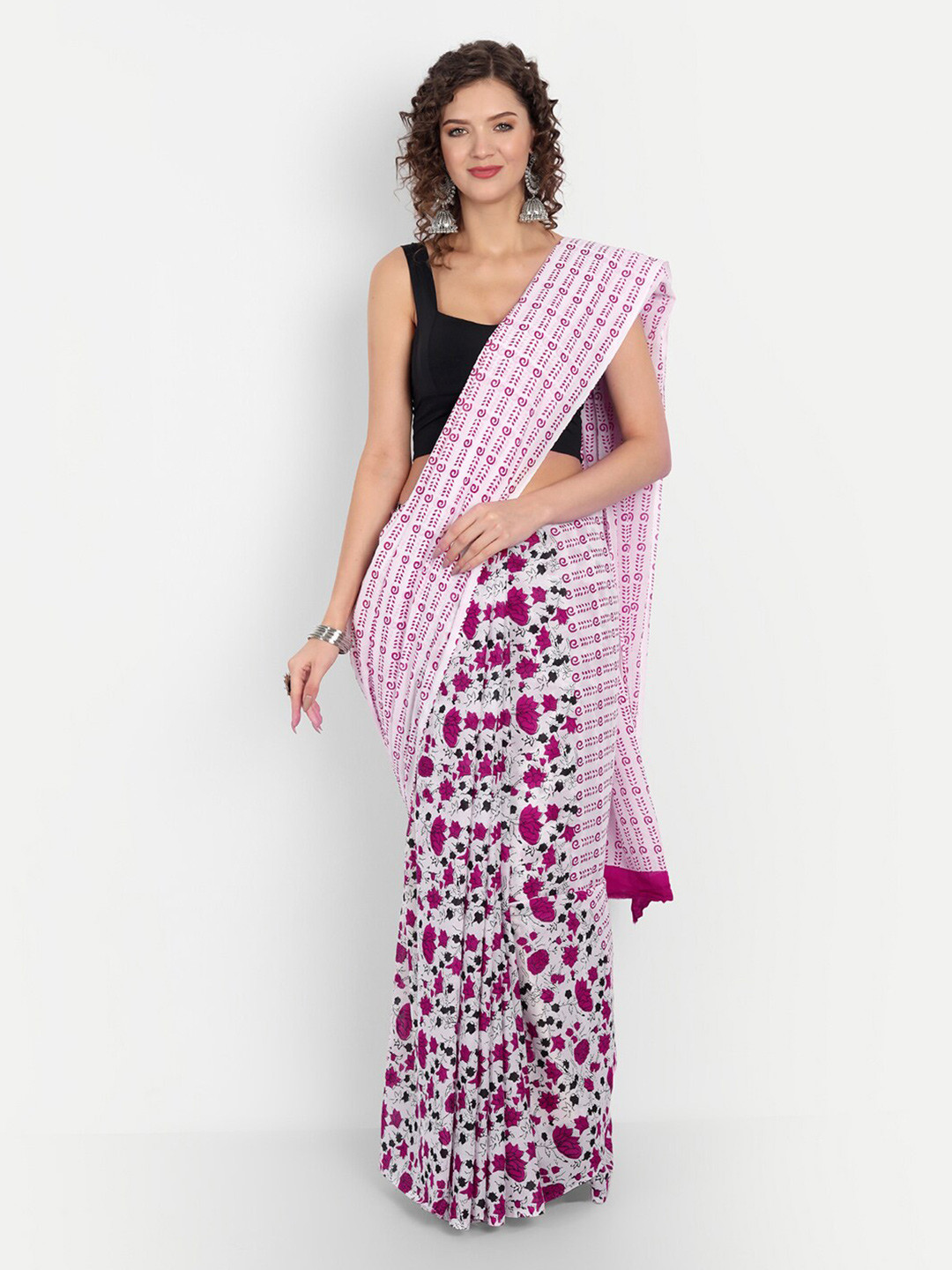 BUTA BUTI Women Pink Floral Printed Pure Cotton Saree with Blouse