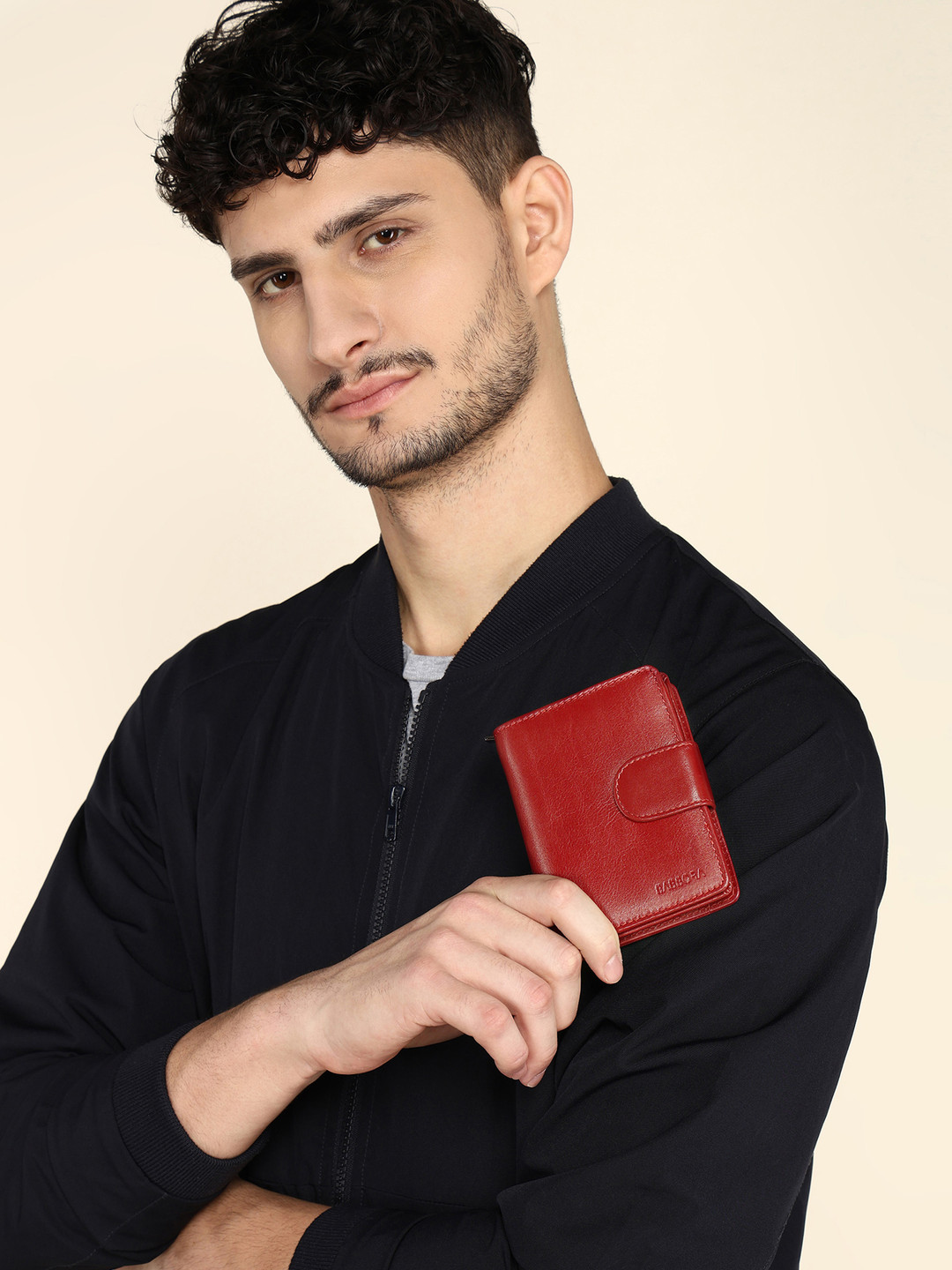 Sassora Women Red Zip Detail Genuine Leather RFID Two Fold Wallet