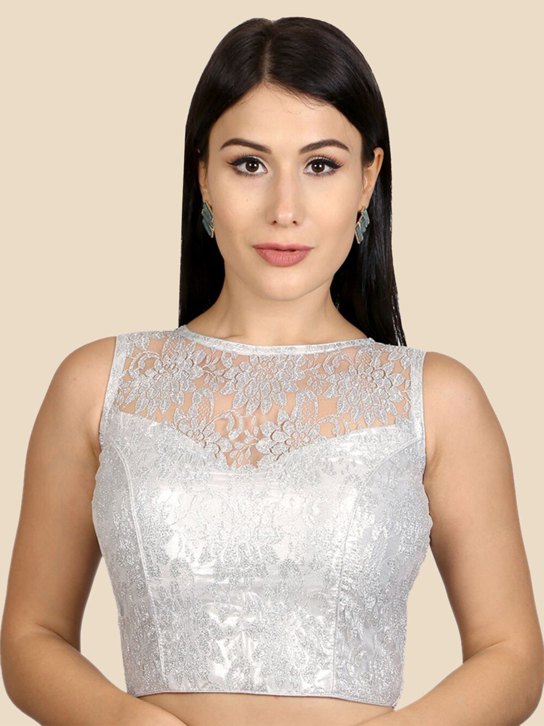 neckbook Silver-Coloured Woven Design Padded Readymade Saree Blouse