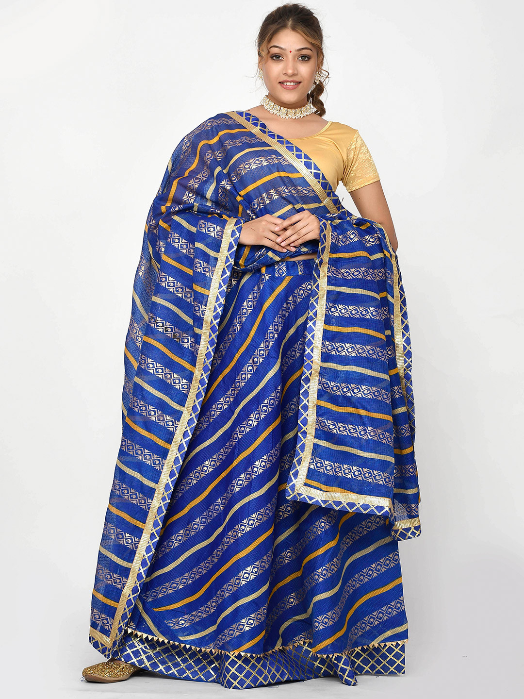 Kesarya Navy Blue & Yellow Foil Print Ready to Wear Lehenga & Unstitched Blouse & Dupatta