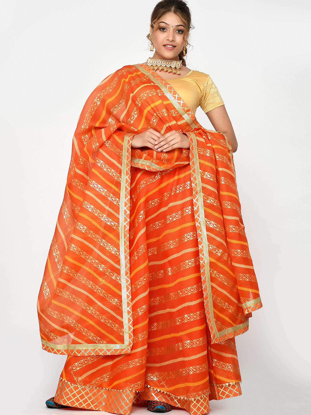 Kesarya Orange & Gold-Toned Foil Print Ready to Wear Lehenga & Unstitched Blouse & Dupatta