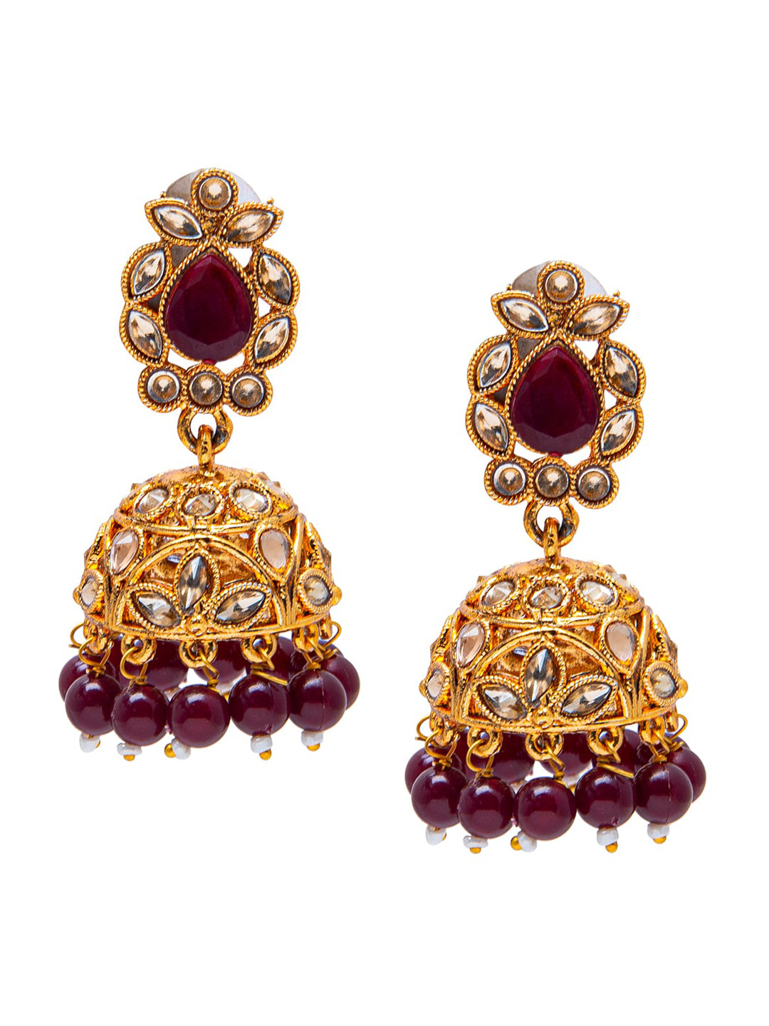 Shining Jewel - By Shivansh Women Gold-Toned & Purple Dome Shaped Jhumkas Earrings