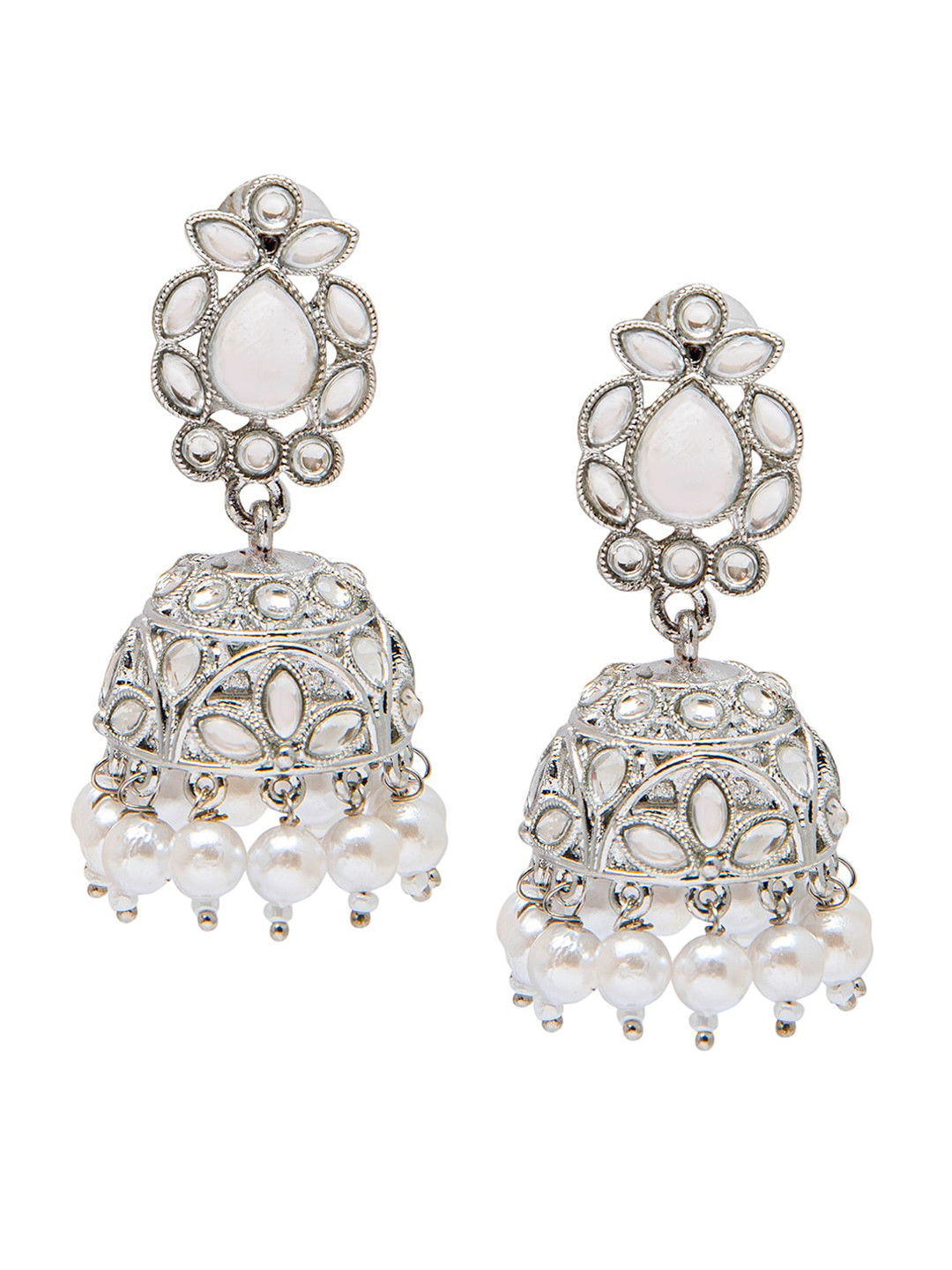 Shining Jewel - By Shivansh Silver-Toned & White Oxidised Dome Shaped Jhumkas Earrings
