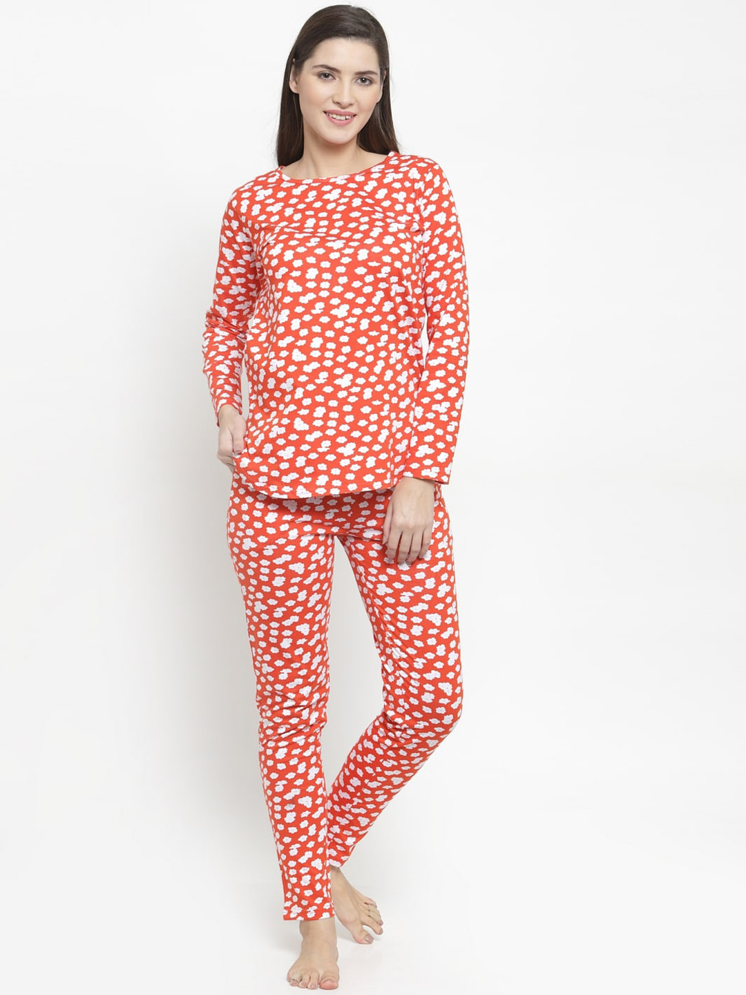 Claura Women Orange & White Printed Cotton Night Suit