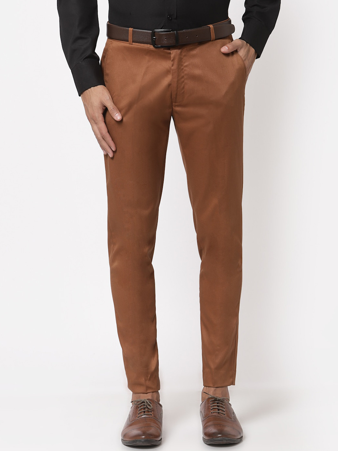 Sam and Jack Men Brown Smart Skinny Fit Chambray Trousers