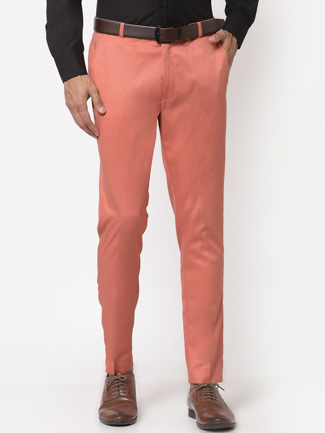 Sam and Jack Men Peach-Coloured Smart Skinny Fit Chambray Trousers