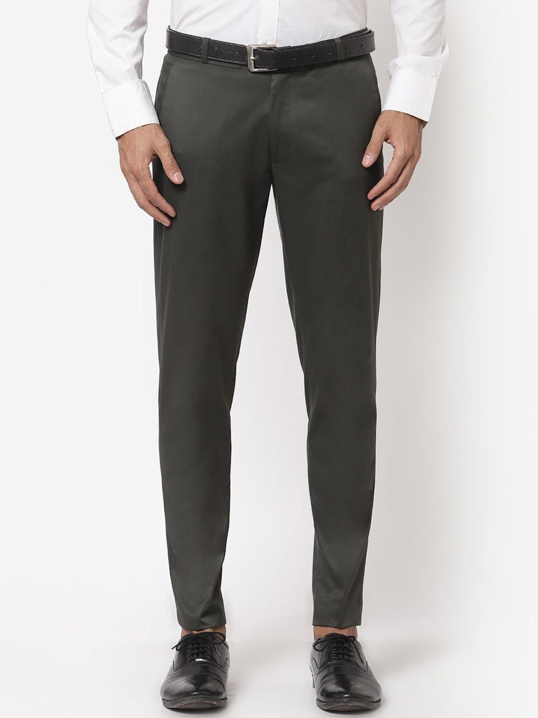 Sam and Jack Men Green Smart Skinny Fit Chambray Trousers