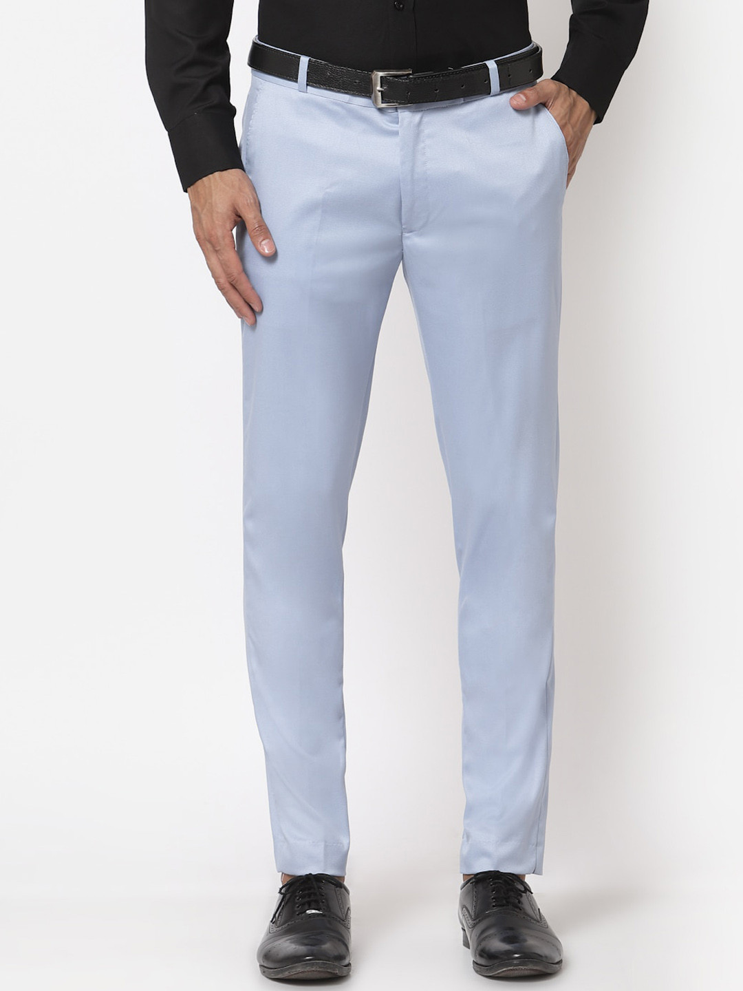 Sam and Jack Men Blue Textured Smart Skinny Fit Chambray Trousers