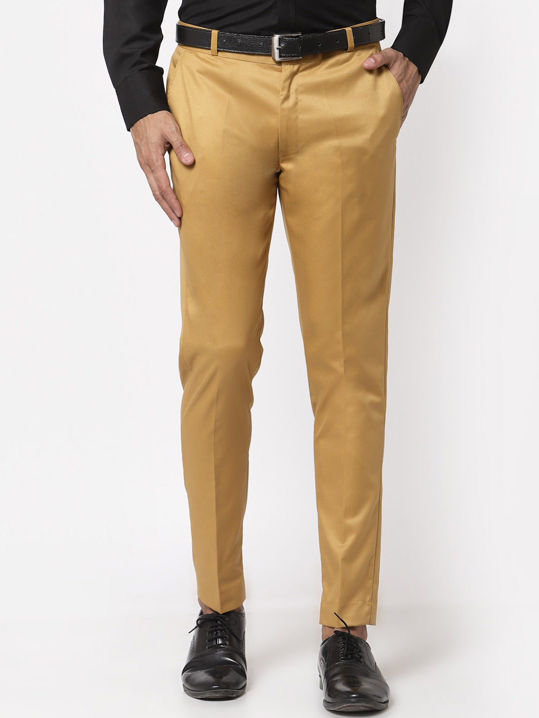Sam and Jack Men Gold-Toned Smart Skinny Fit Chambray Trousers