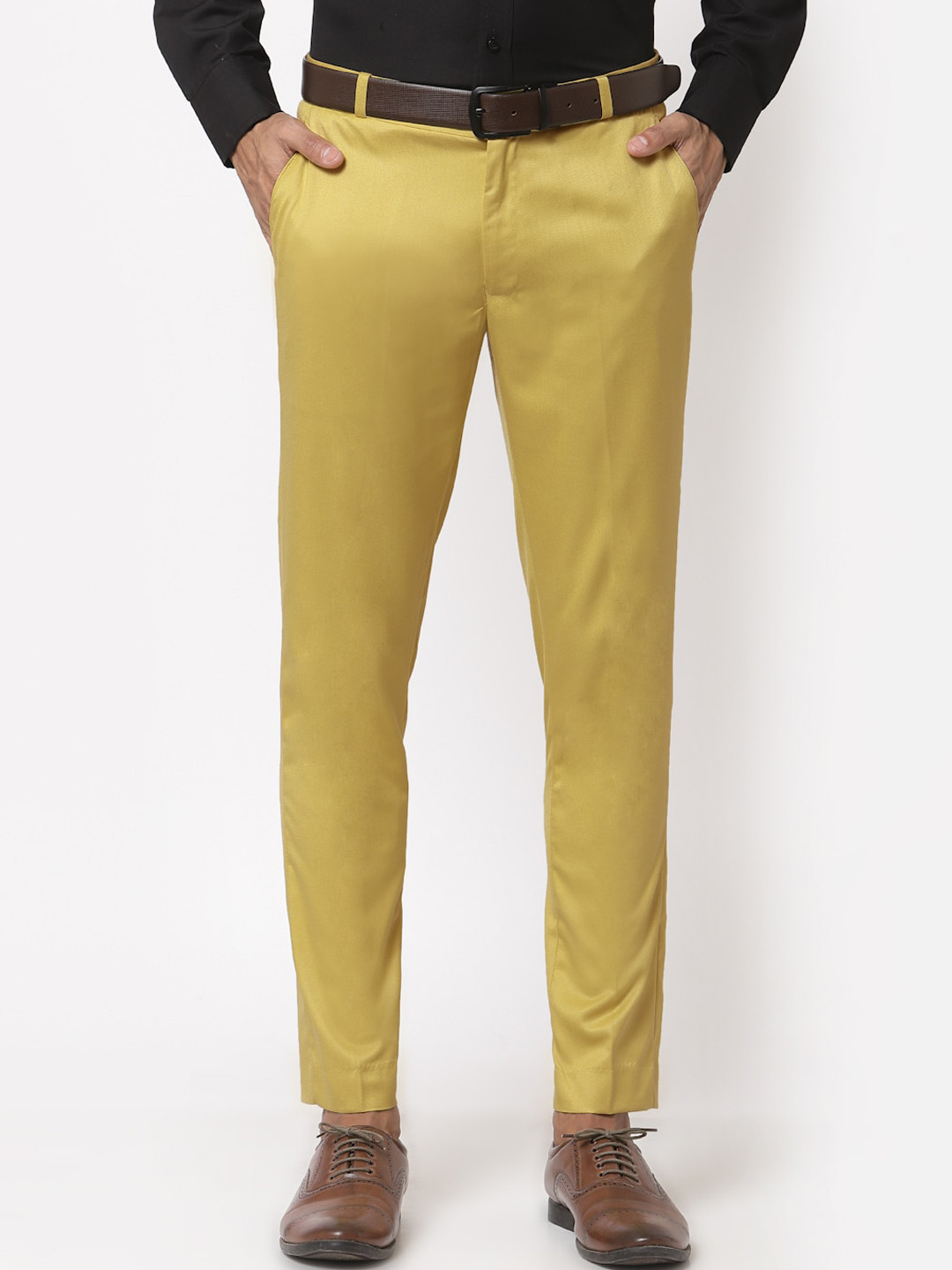 Sam and Jack Men Yellow Smart Skinny Fit Chambray Trousers