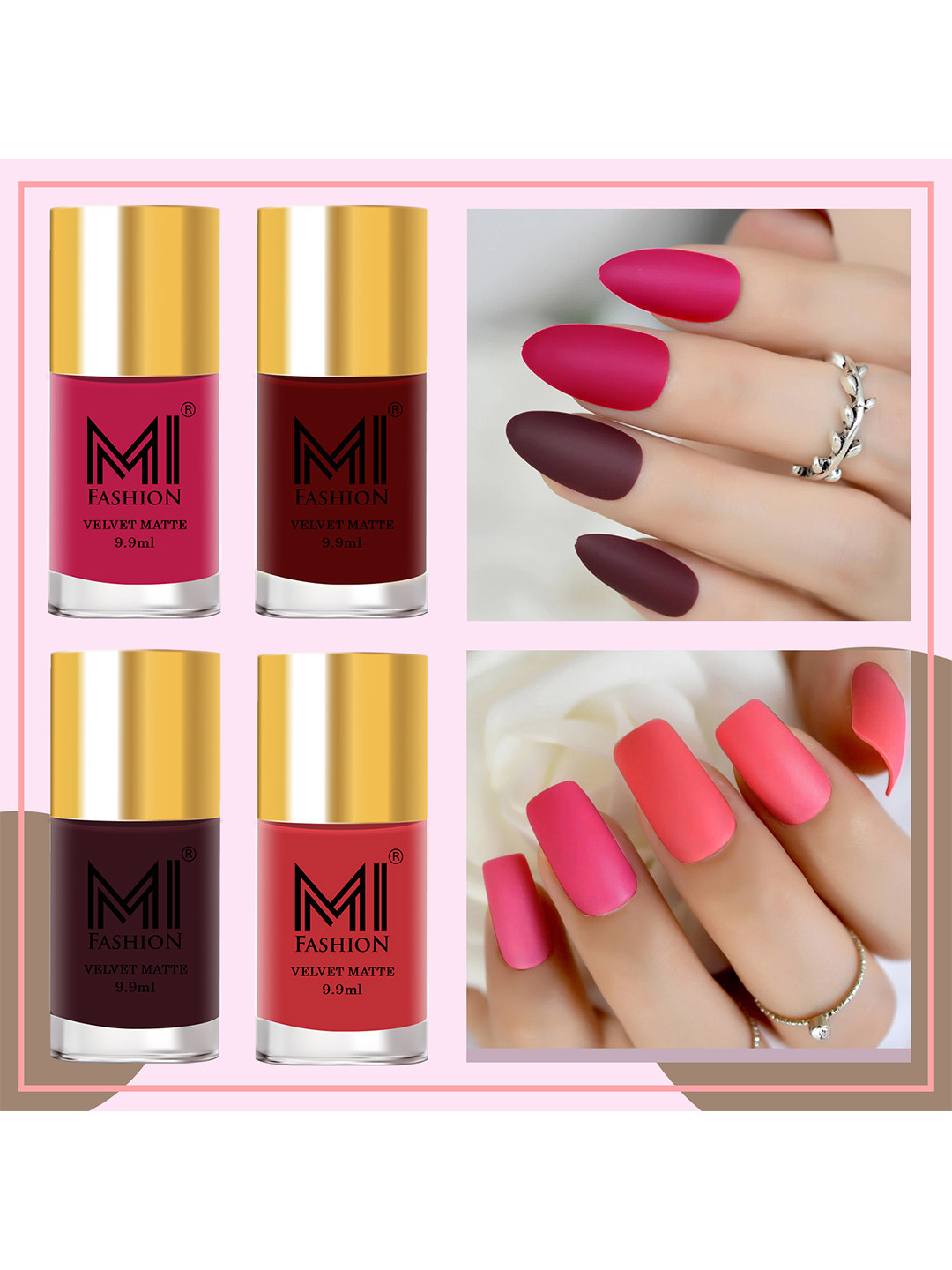 MI FASHION Set of 4 Velvet Matte Long Lasting Nail Polish - 9.9 ml Each