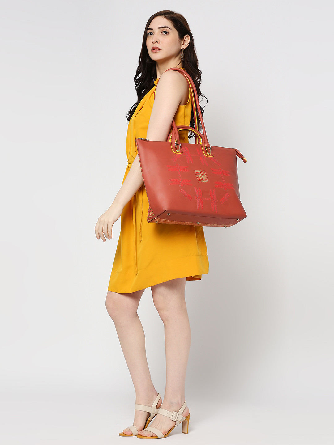 EUME Red Printed Oversized Structured Shoulder Bag