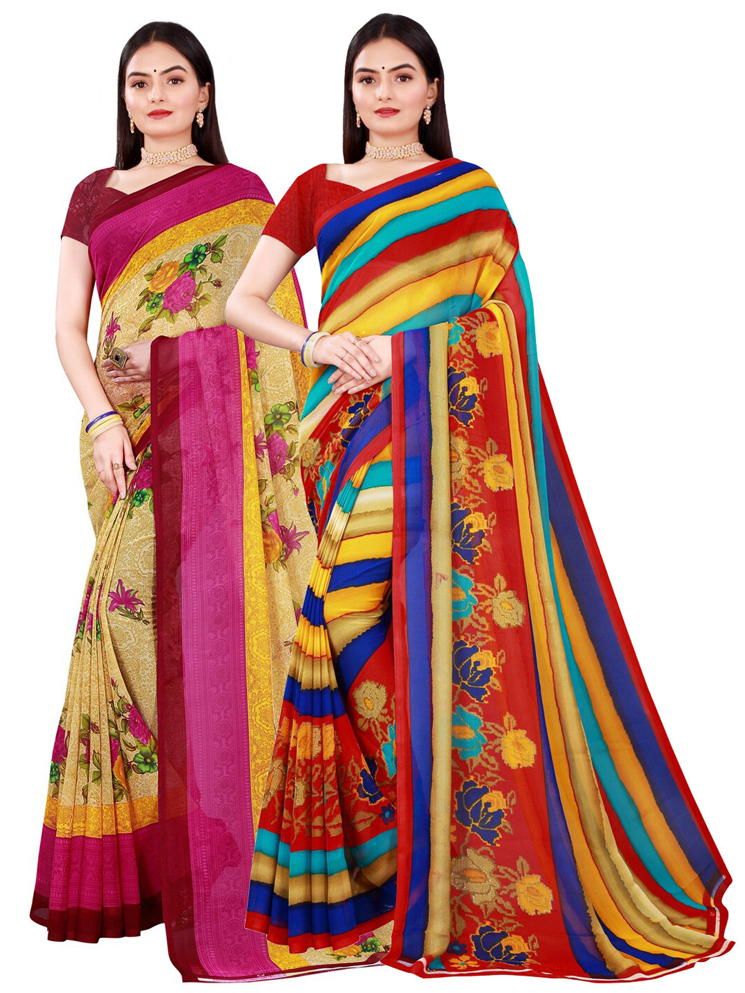 Florence 2 Beige & Red Pure Georgette Saree