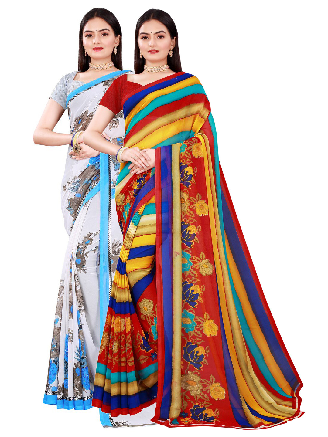 Florence Women's Georgette Multicolor And White Printed Combo Pack of 2 Saree