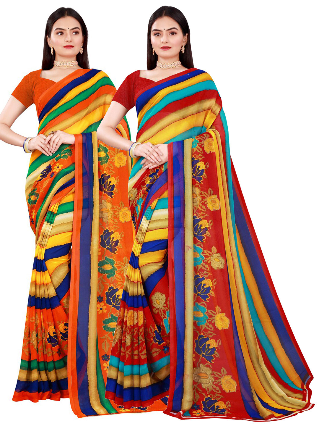 Florence Pack of 2 Yellow & Red Striped Pure Georgette Saree
