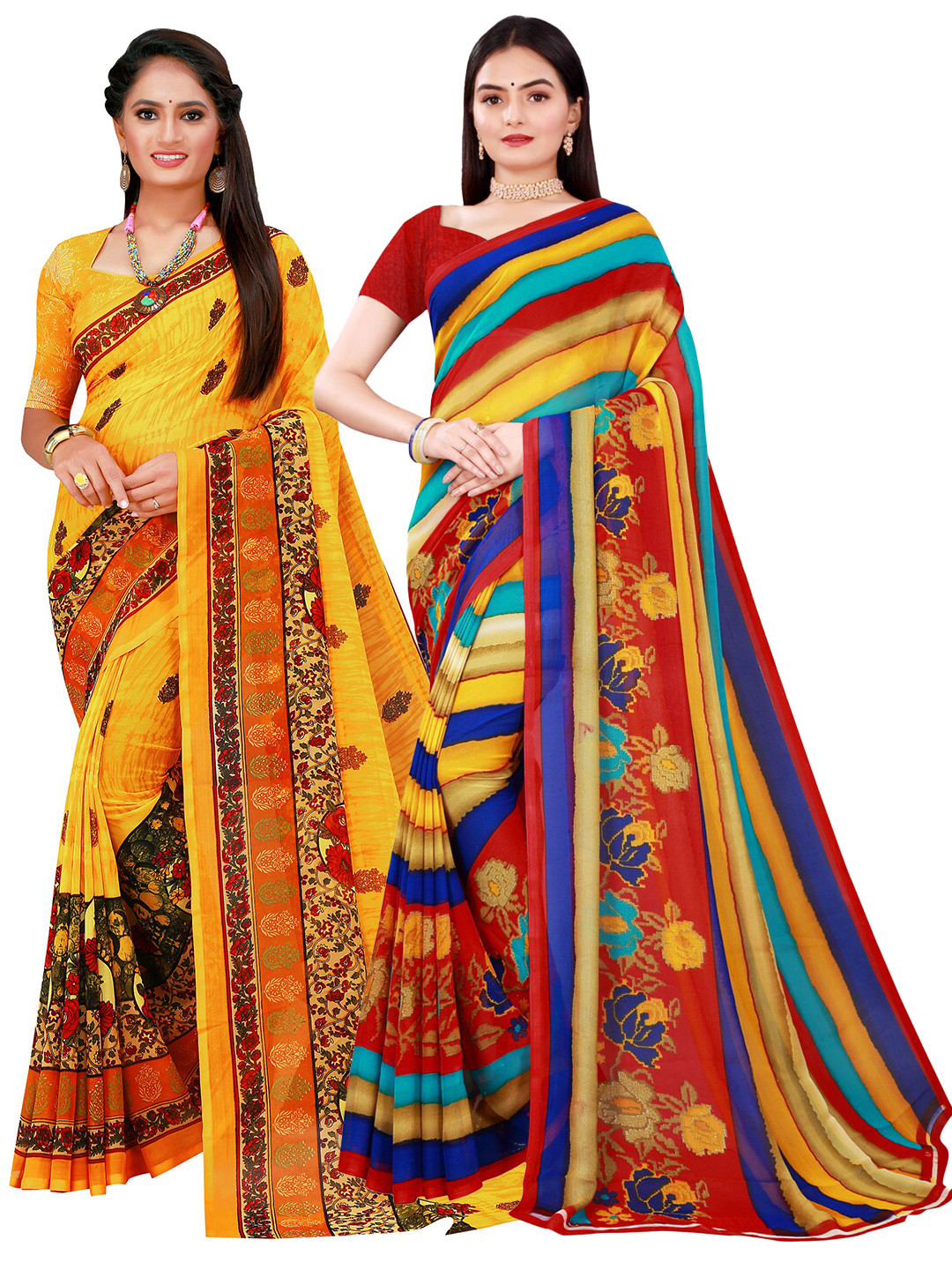 Florence Pack Of 2 Yellow & Red Printed Pure Georgette Saree With Unstitched Blouse Piece
