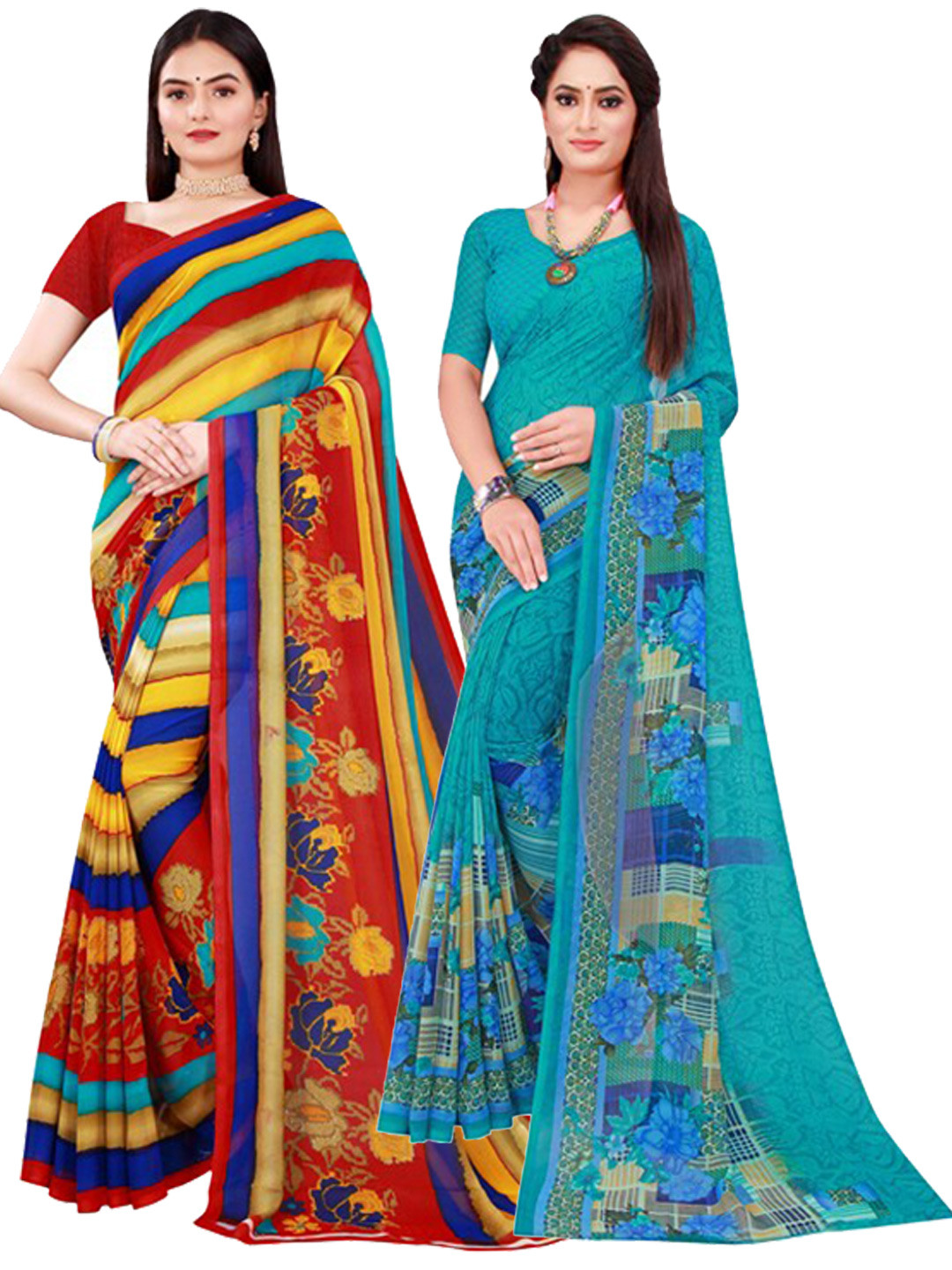 KALINI Blue & Yellow Pure Georgette Printed Saree combo pack of 2