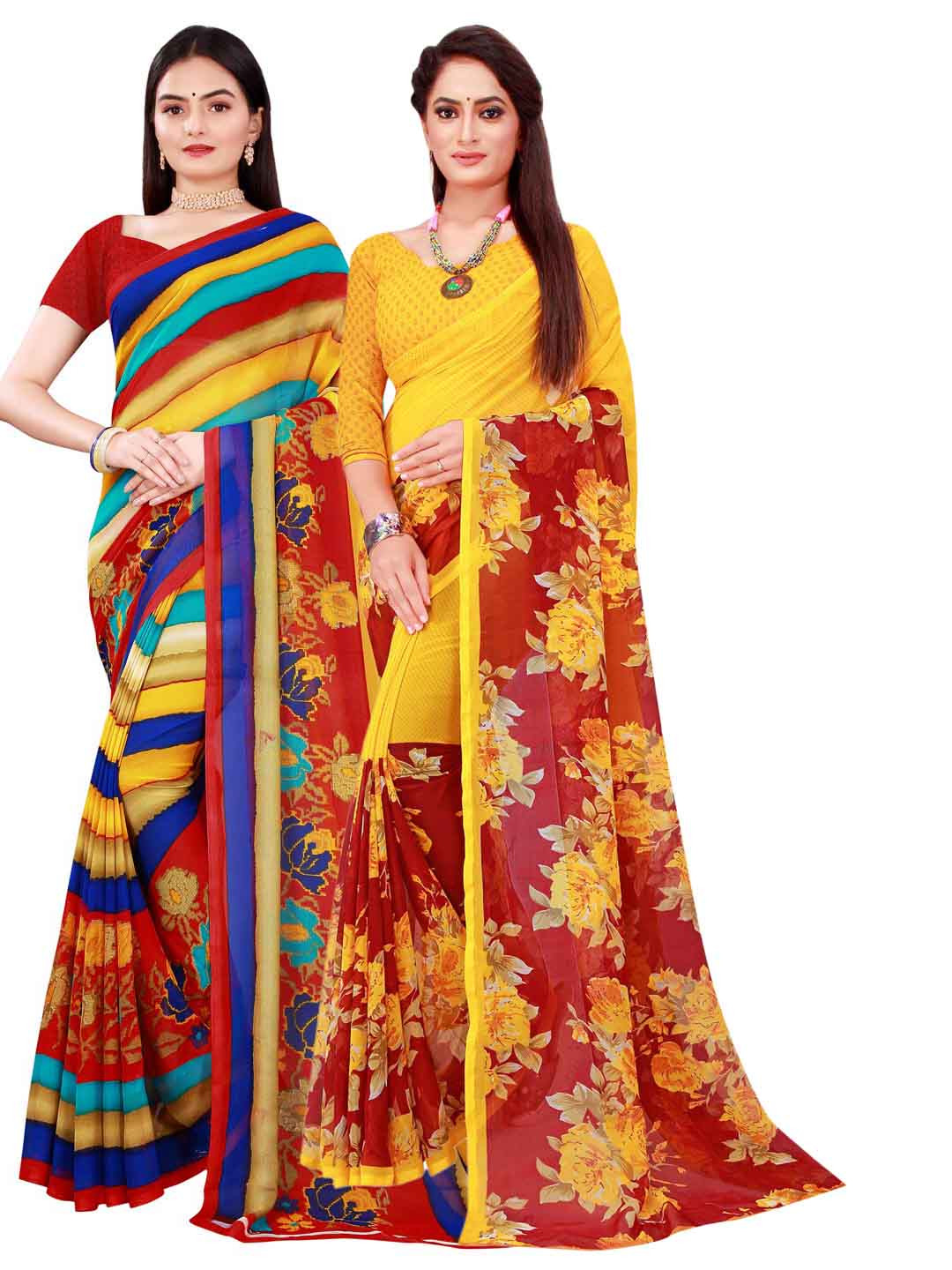 KALINI Women's Georgette Multicolor And Yellow Printed Combo Pack of 2 Saree