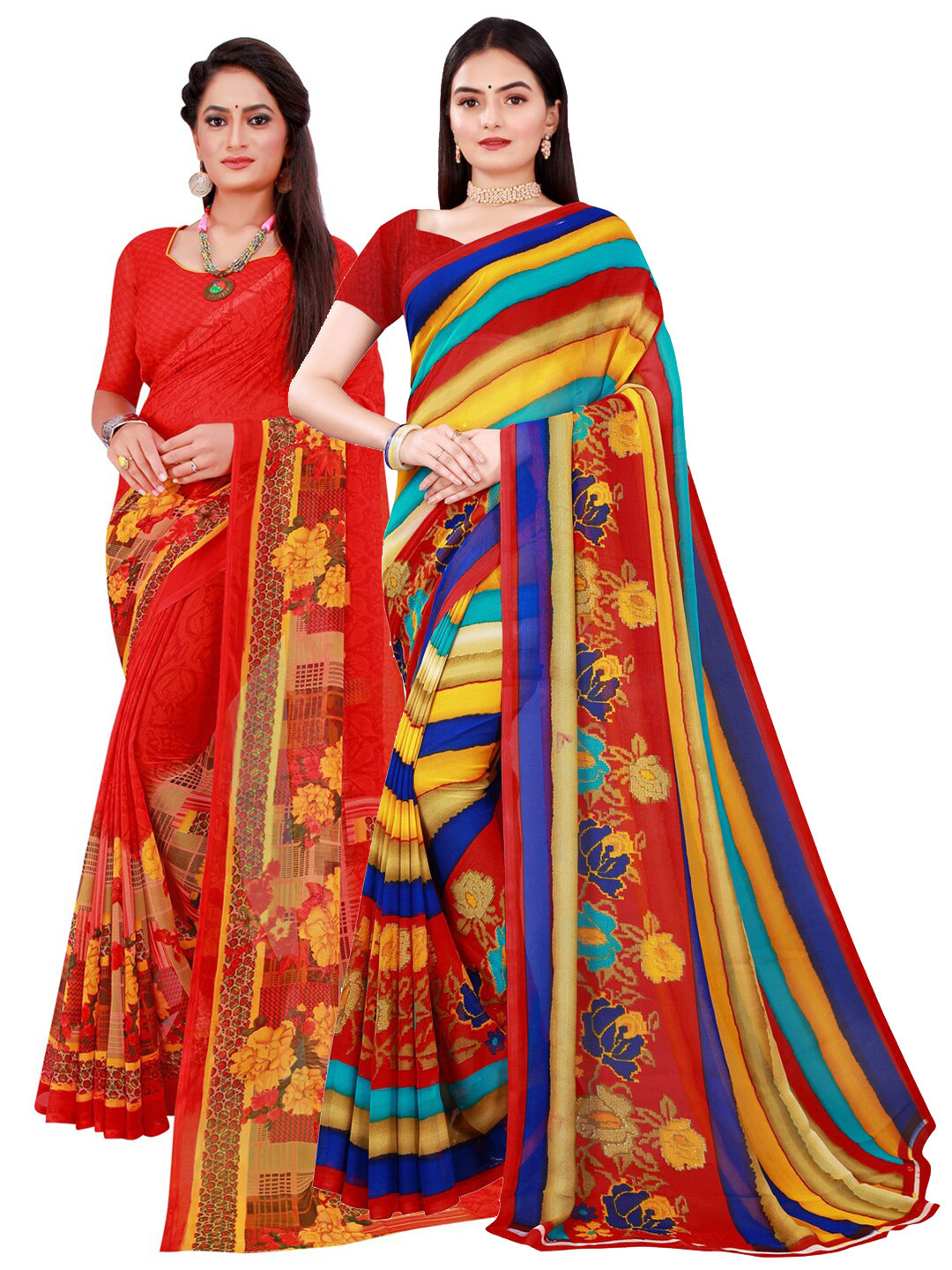 KALINI 2 Red & Pink Floral Pure Georgette Saree