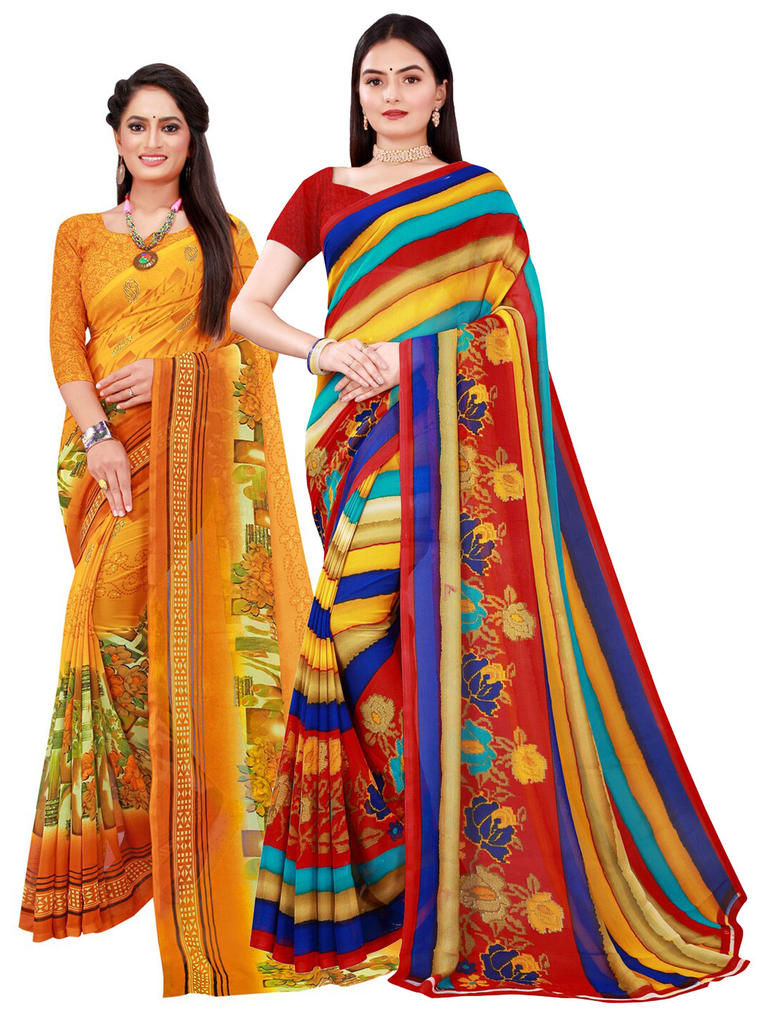 KALINI Yellow & Red Pure Georgette Printed Saree combo pack of 2