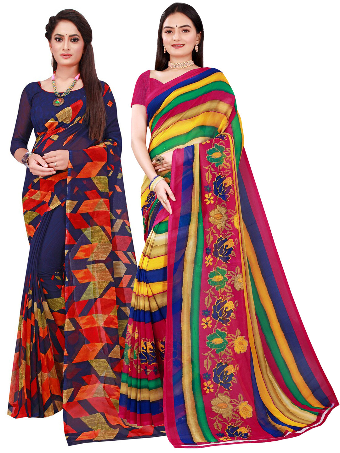 KALINI Navy Blue & Yellow Pure Georgette Saree Combo