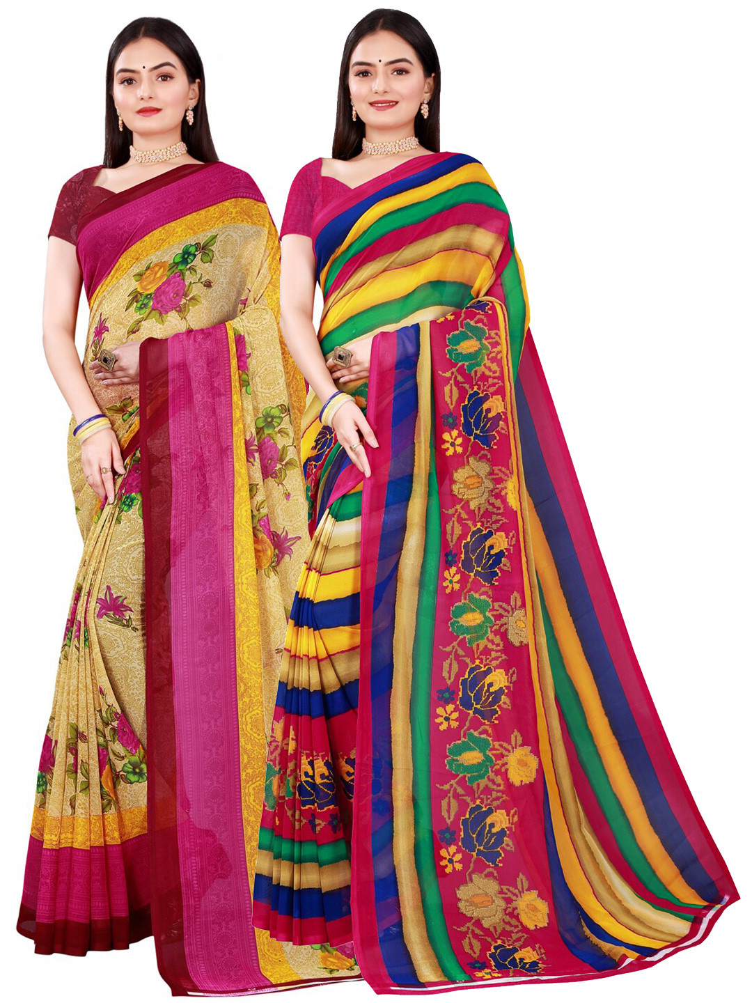 KALINI Pack Of 2 Beige & Red Printed Pure Georgette Saree With Unstitched Blouse Piece