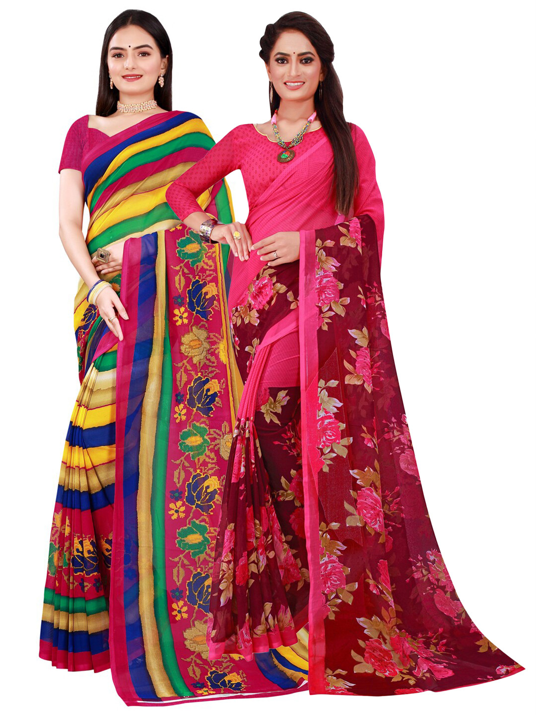 KALINI 2 Magenta & Orange Floral Pure Georgette Saree