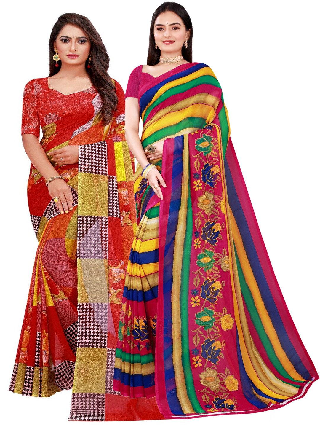 KALINI Women's Georgette Multicolor And Red Printed Combo Pack of 2 Saree