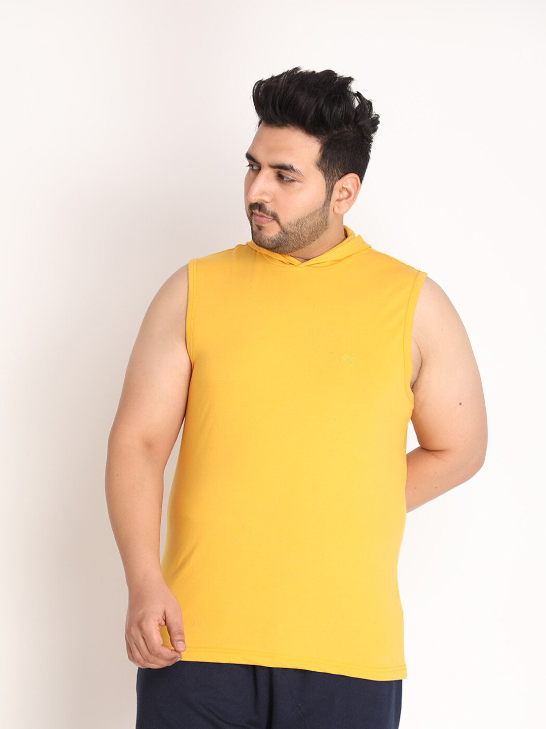 CHKOKKO Plus Men Mustard Yellow Solid Hooded T-shirt