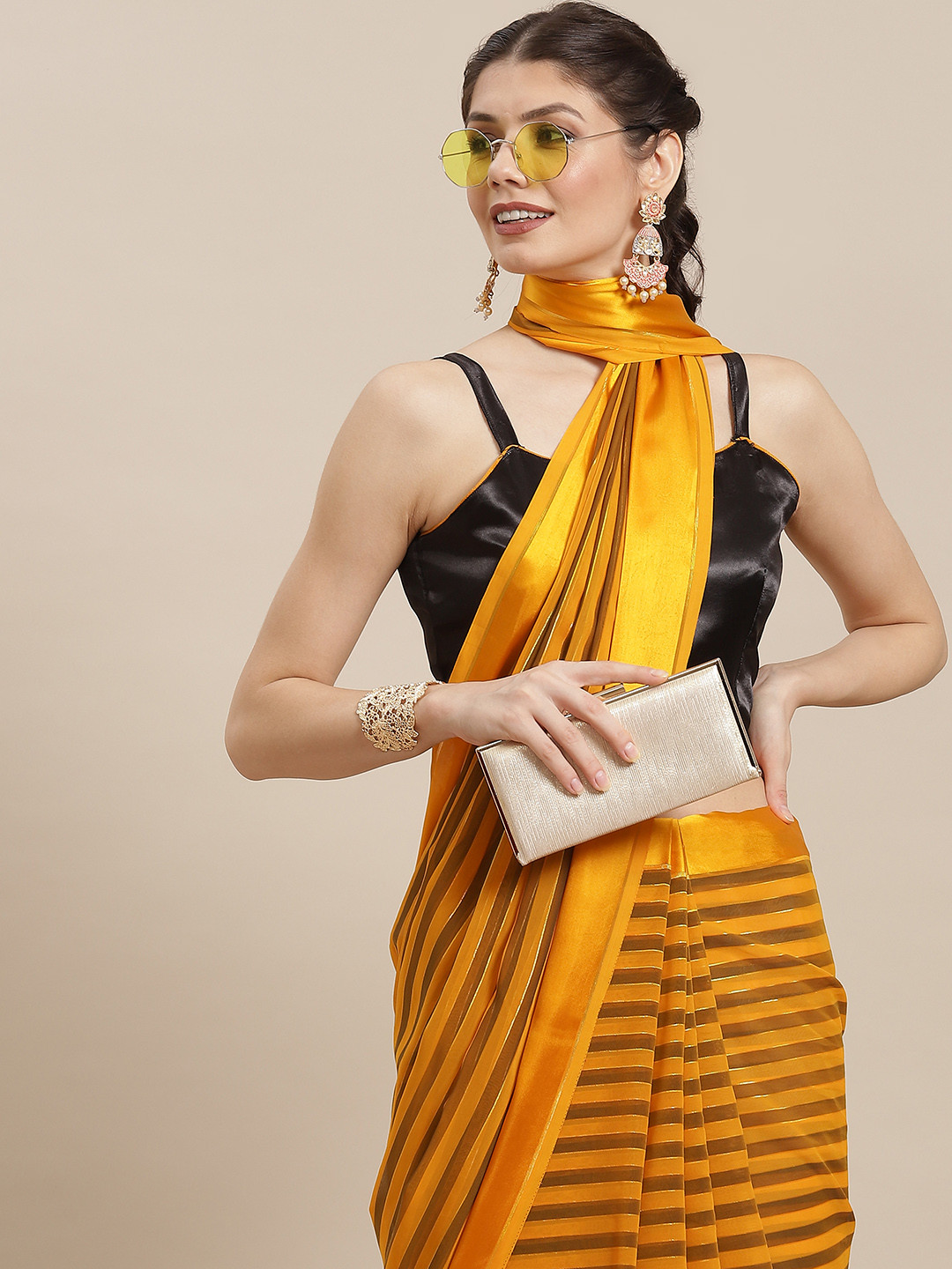 KALINI Mustard Yellow Striped Silk Blend Leheriya Saree