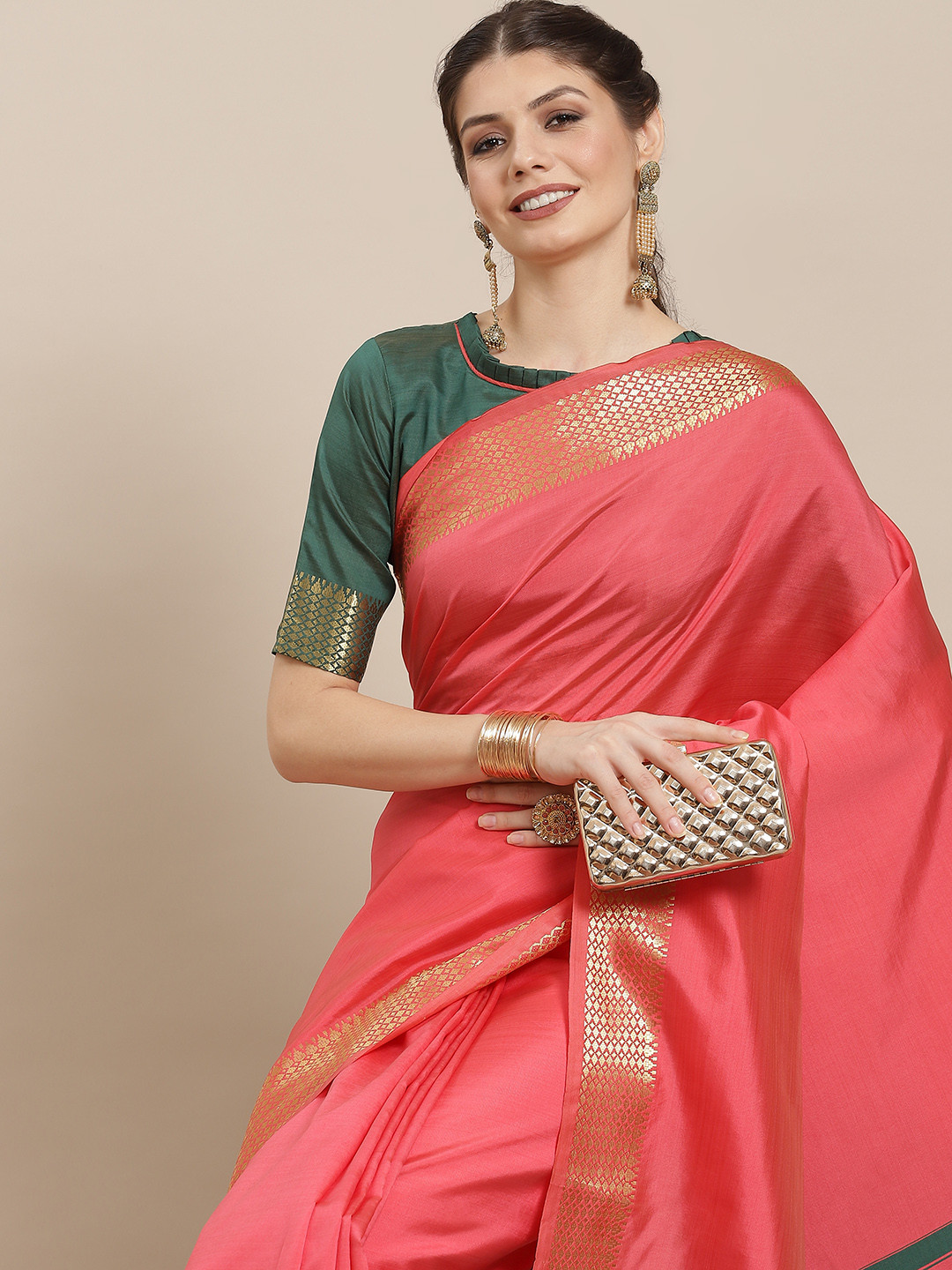 KALINI Fuchsia Pink & Gold-Toned Woven Design Silk Cotton Banarasi Saree