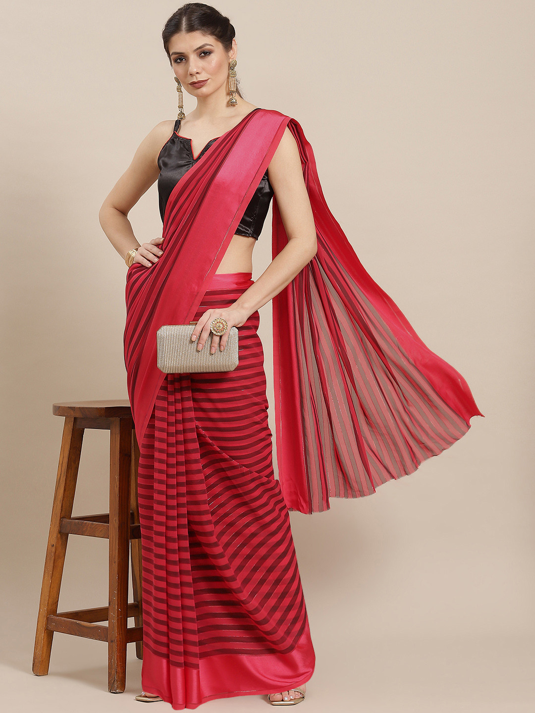 KALINI Red Striped Silk Blend Leheriya Saree
