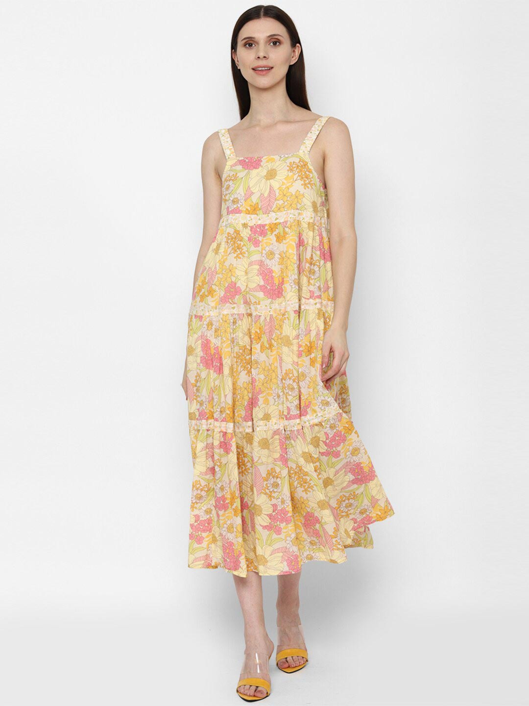 AMERICAN EAGLE OUTFITTERS Women Yellow Floral Layered Midi Dress
