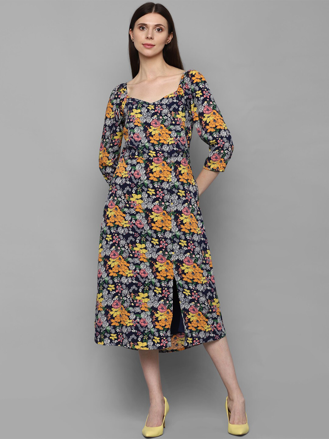 Allen Solly Woman Grey & Yellow Floral A-Line Midi Dress