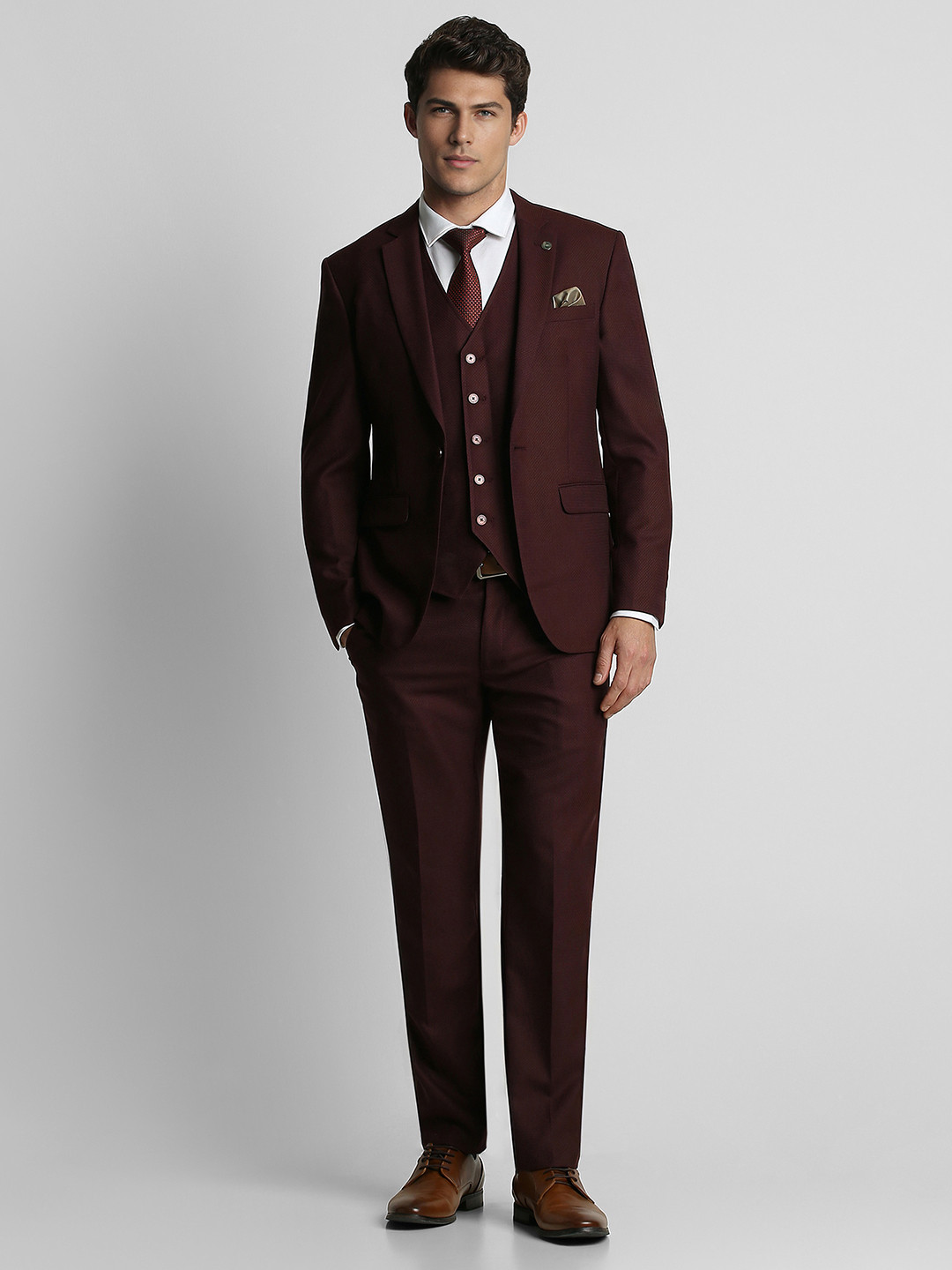 Peter England Elite Men Maroon Self-Design Single-Breasted Slim-Fit Suits