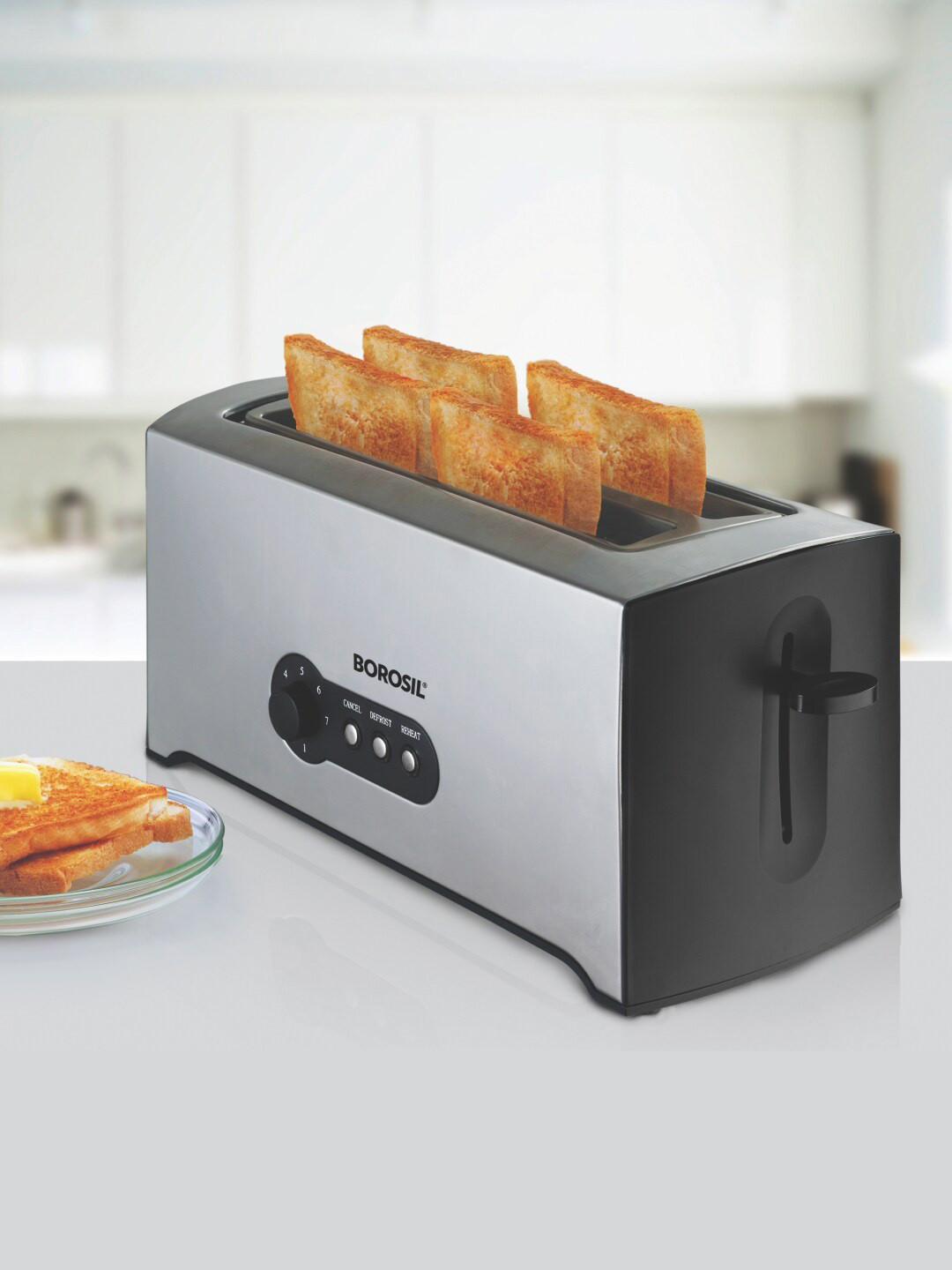 BOROSIL Silver & Black Solid 4-Slice Pop-Toaster
