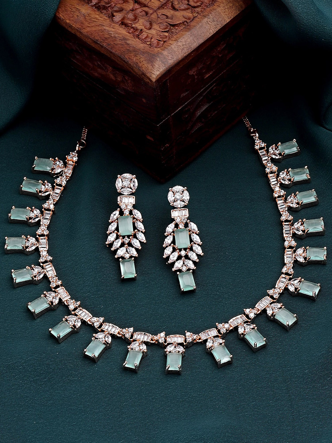 KARATCART Rose Gold-Plated White & Green AD-Studded Jewellery Set