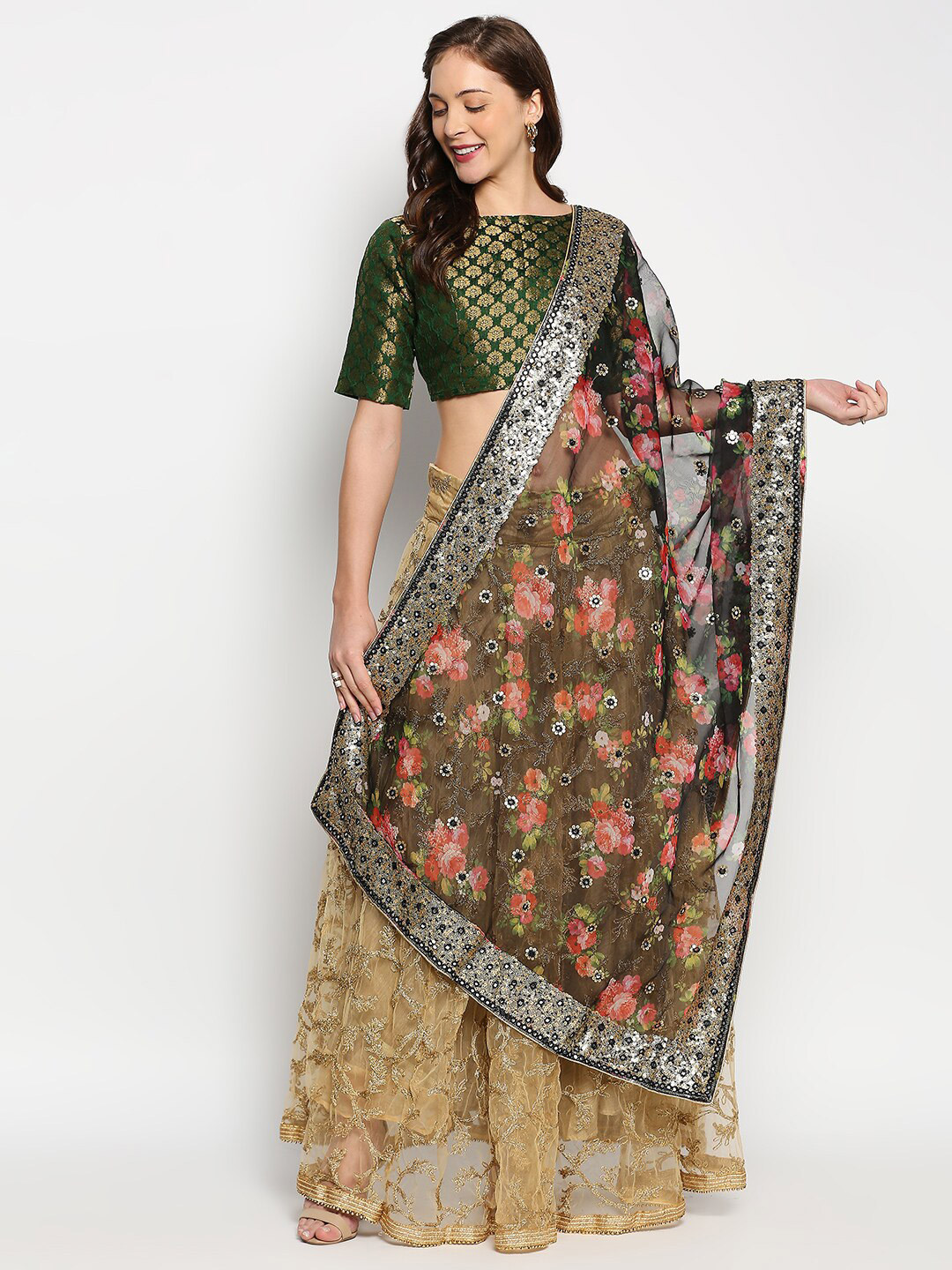 Dupatta Bazaar Black & Pink Floral Embroidered Organza Dupatta