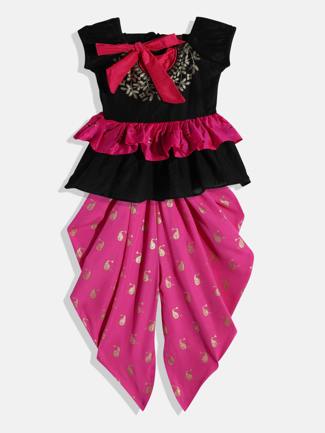 Twisha Girls Black & Pink Embellished Top with Dhoti Pants