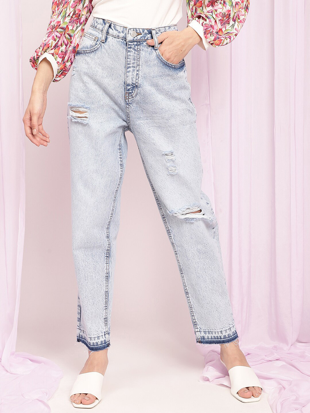 KENDALL & KYLIE Women Blue Straight Fit High-Rise Mildly Distressed Heavy Fade Jeans