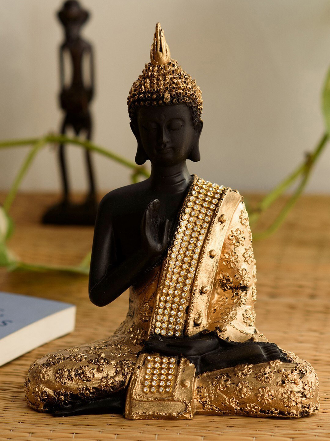 eCraftIndia Meditating Blessing Buddha Gold Polyresin Natural Living Room Hand-Crafted Small Showpiece - 5.9 Inches