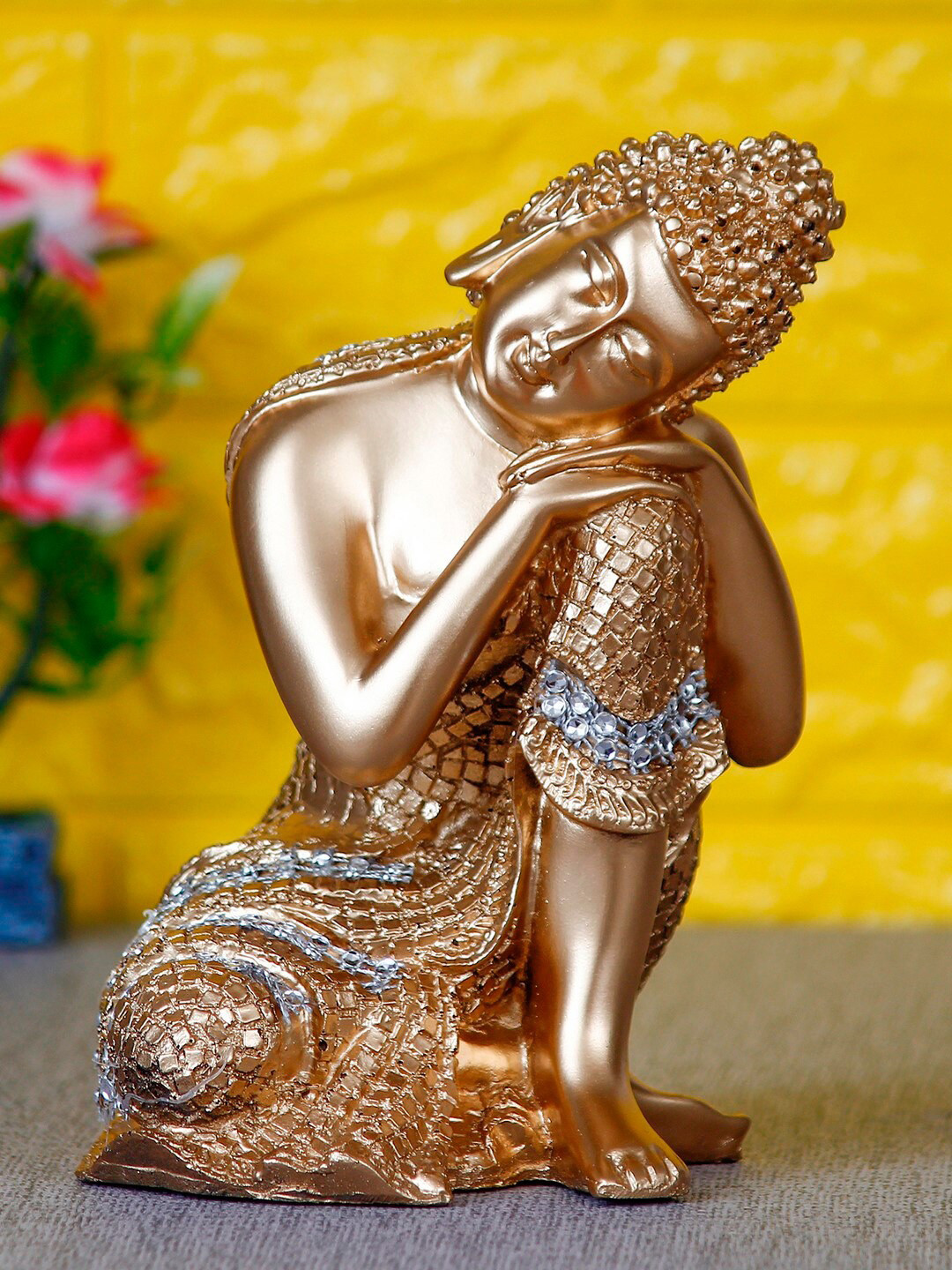 eCraftIndia Buddha on Knee Gold Polyresin Matte Prayer Room Small Showpiece - 3 Inches