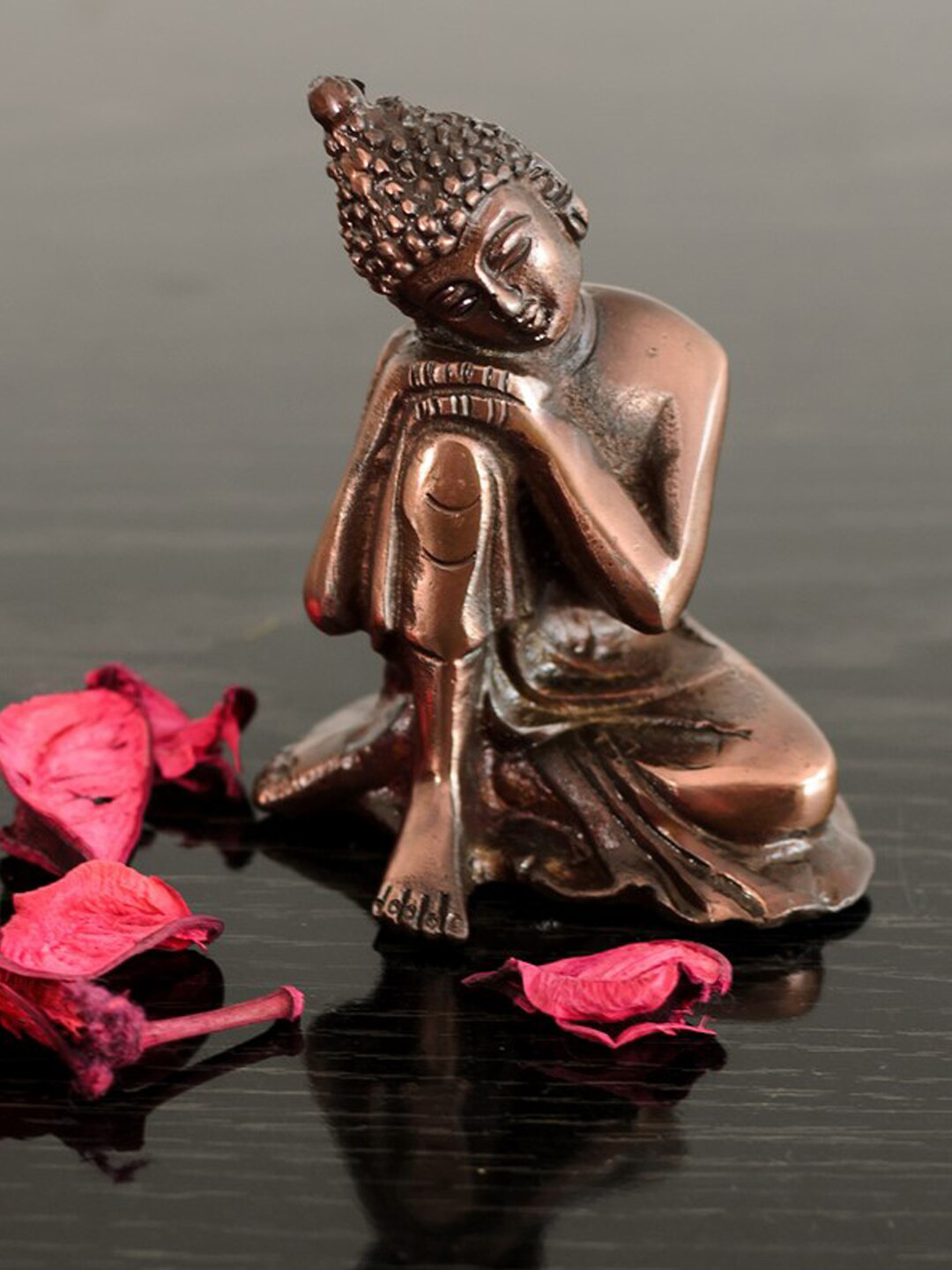 eCraftIndia Resting Buddha on Knee Brown Metal Metallic Home Office Small Showpiece - 3.7 Inches