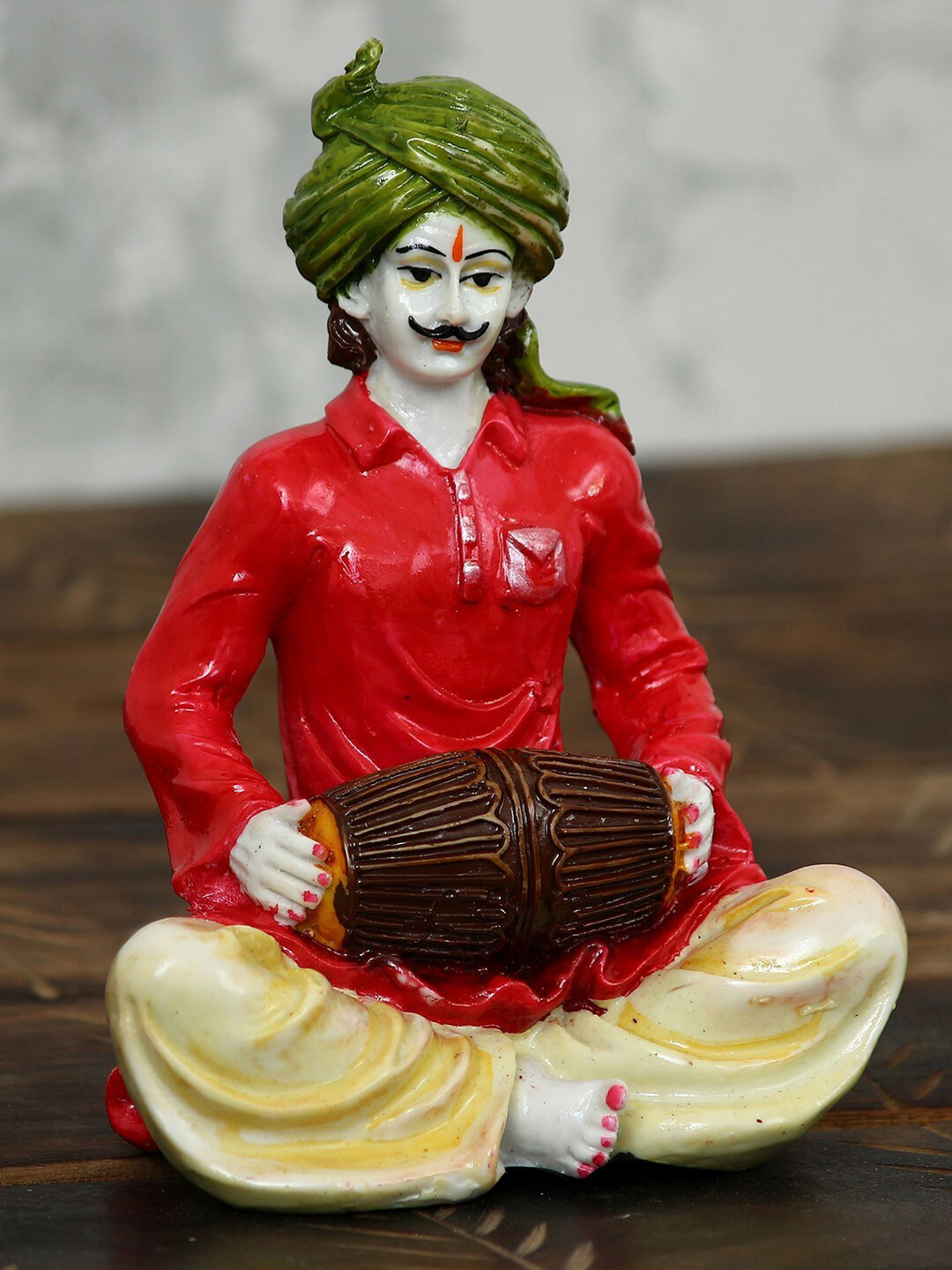 eCraftIndia Rajasthani Men Playing Dholak Green Polyresin Glossy Home Office Hand-Crafted Medium Showpiece - 6 Inches