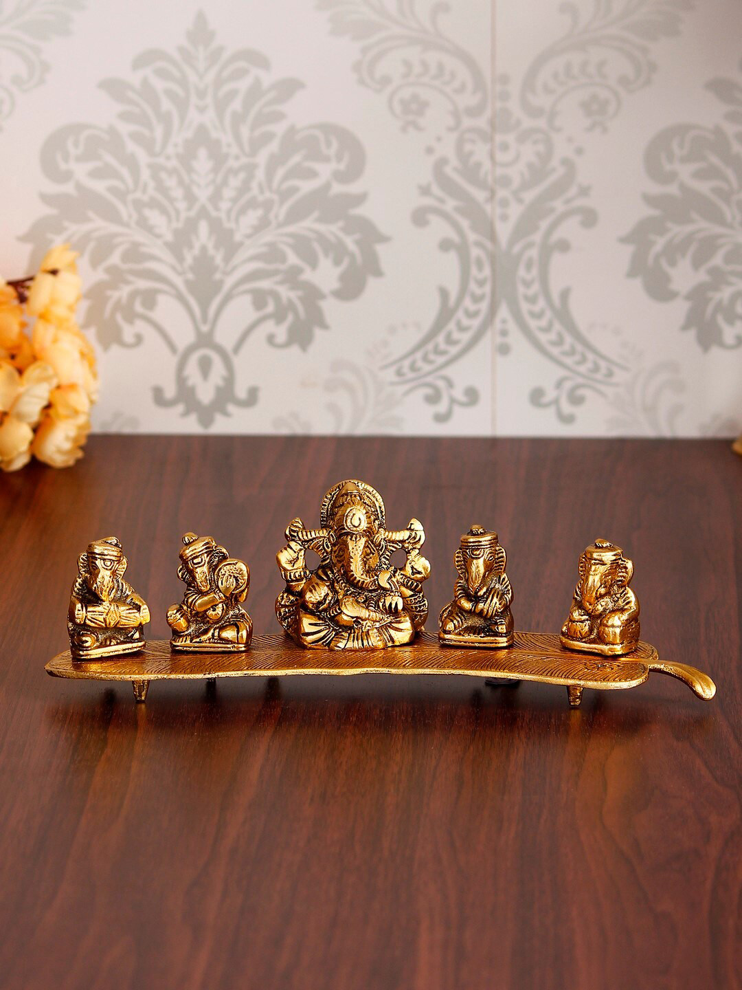 eCraftIndia Musical Ganesha Gold Metal Metallic Prayer Room Hand-Crafted Small Showpiece - 3.1 Inches