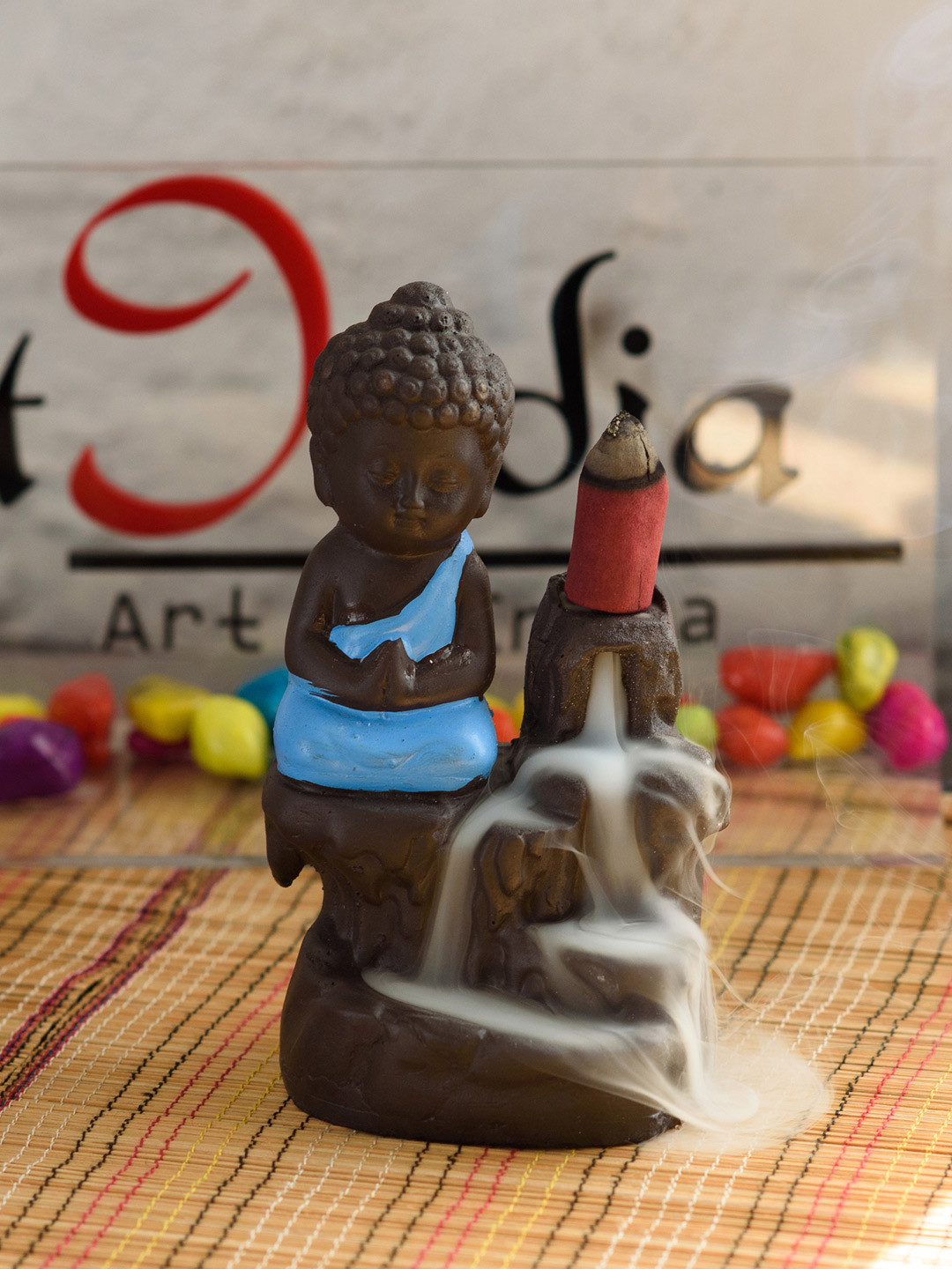 eCraftIndia Meditating Monk Buddha Blue Polyresin Glossy Living Room Medium Showpiece - 2.8 Inches