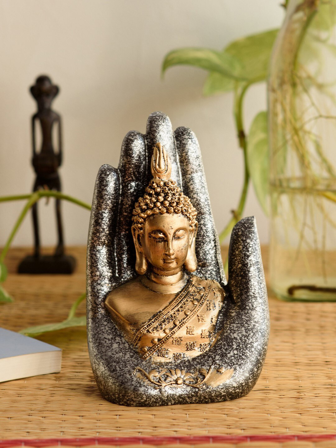 eCraftIndia Buddha Palm Silver Polyresin Natural Prayer Room Hand-Crafted Small Showpiece - 4.7 Inches